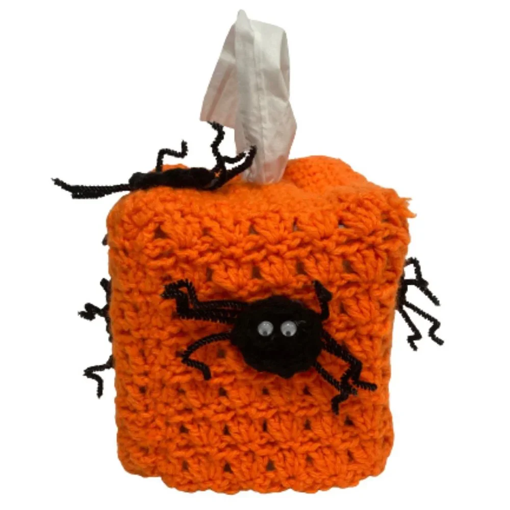 Handmade Granny Tissue Koozie Cover Spiders Orange